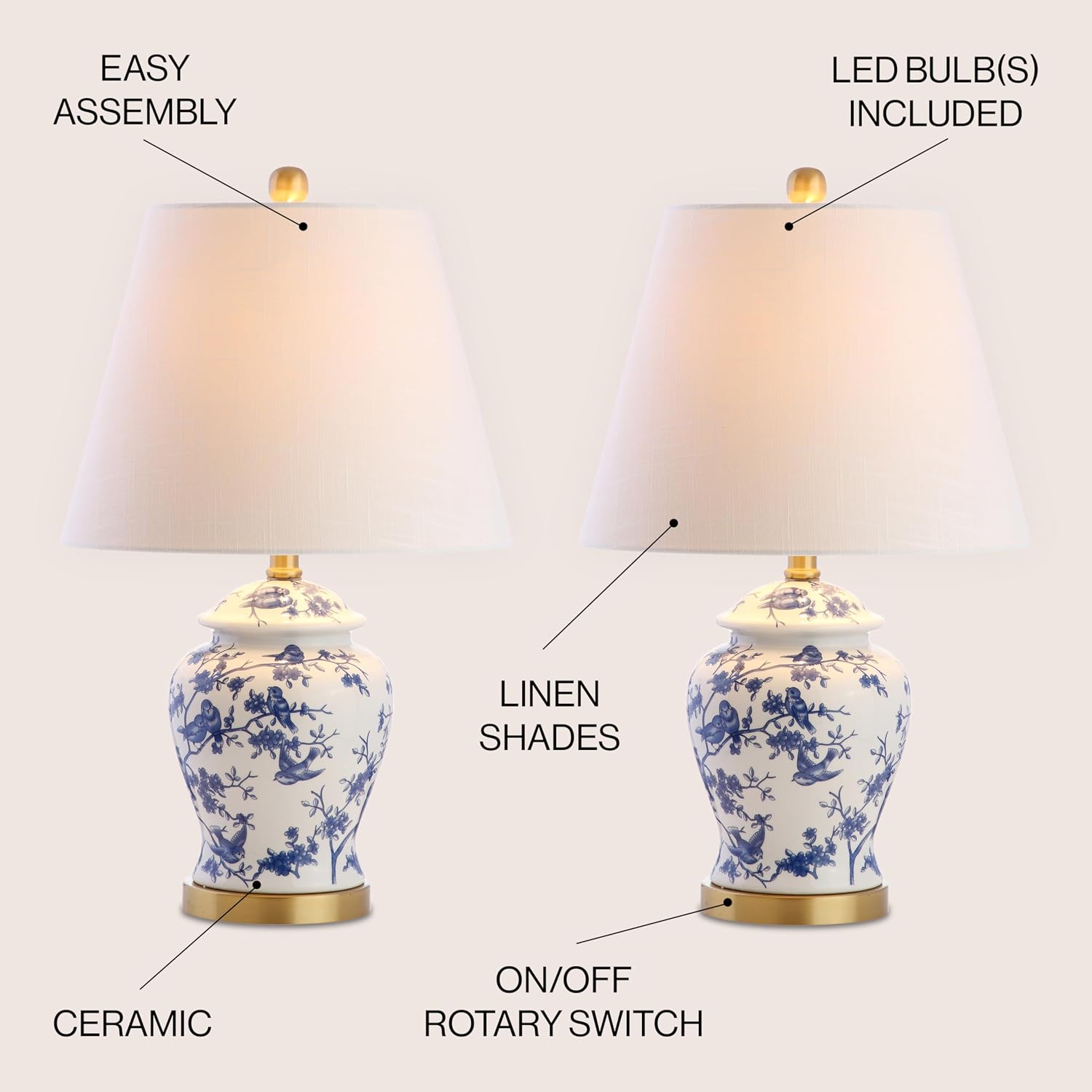 JONATHAN Y 22" Blue/White Ceramic Table Lamp, French Country Chinoiserie Ginger Jar LED Bedside Lamp for Living Room Bedroom, White Linen…