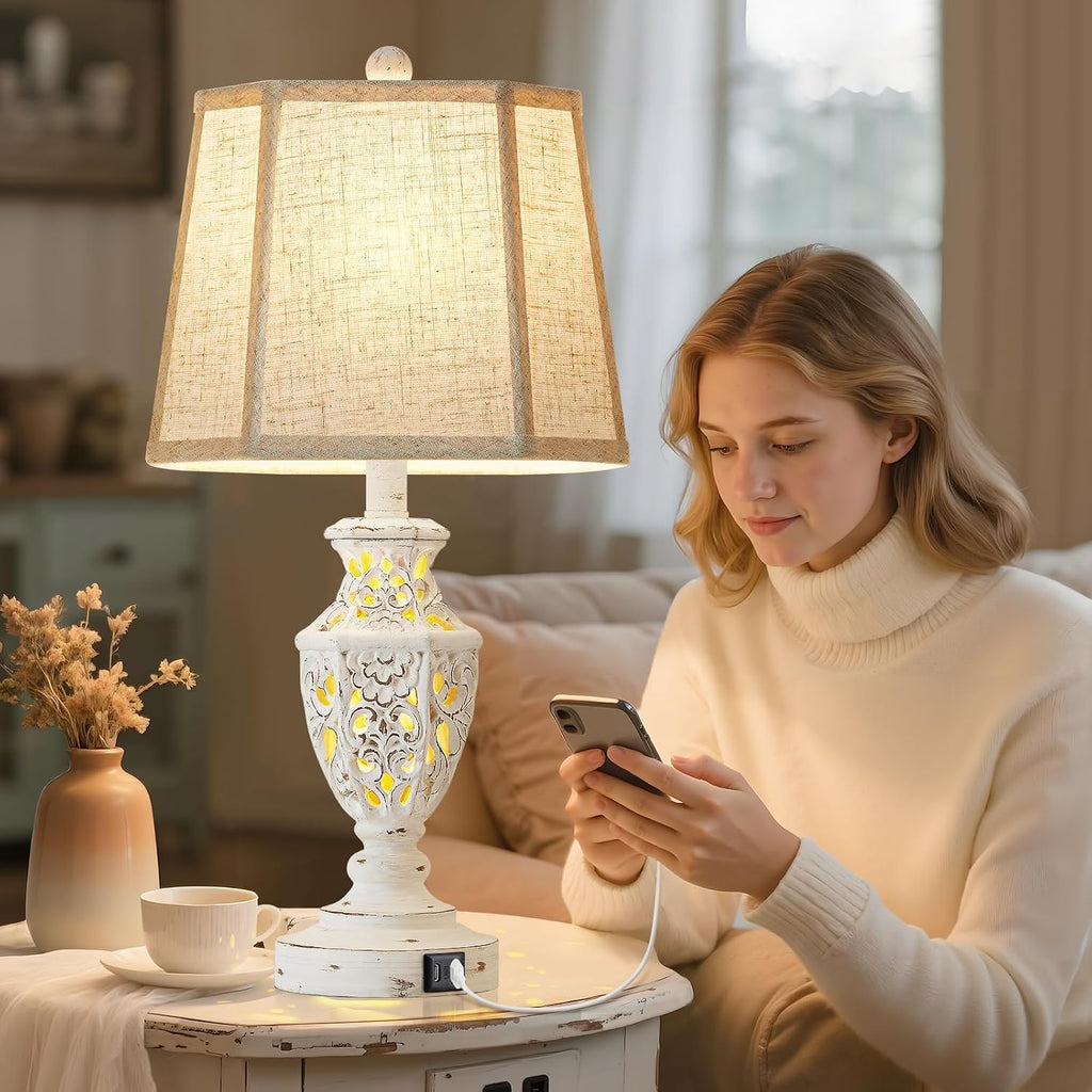 EJIAXIN Lamps for Night Stands Set of 2-23.5" Boho Bedside Lamp with USB A+C and Nightlight - Cream Rustic Carved Resin Farmhouse Table…