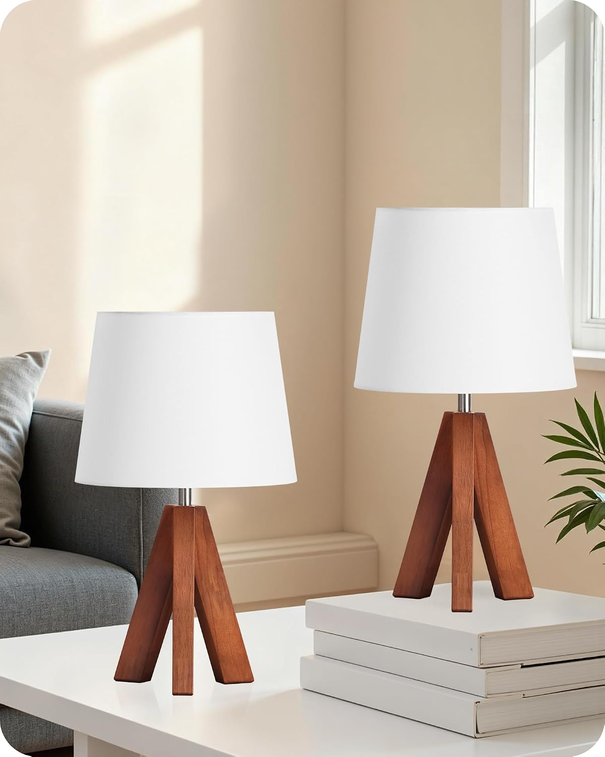 Small Tripod Table Lamps Set of 2, Modern Nightstand Lamp with Fabric Shade, Boho Bedside Wood Desk Light for Bedroom, Kids Room, Living…