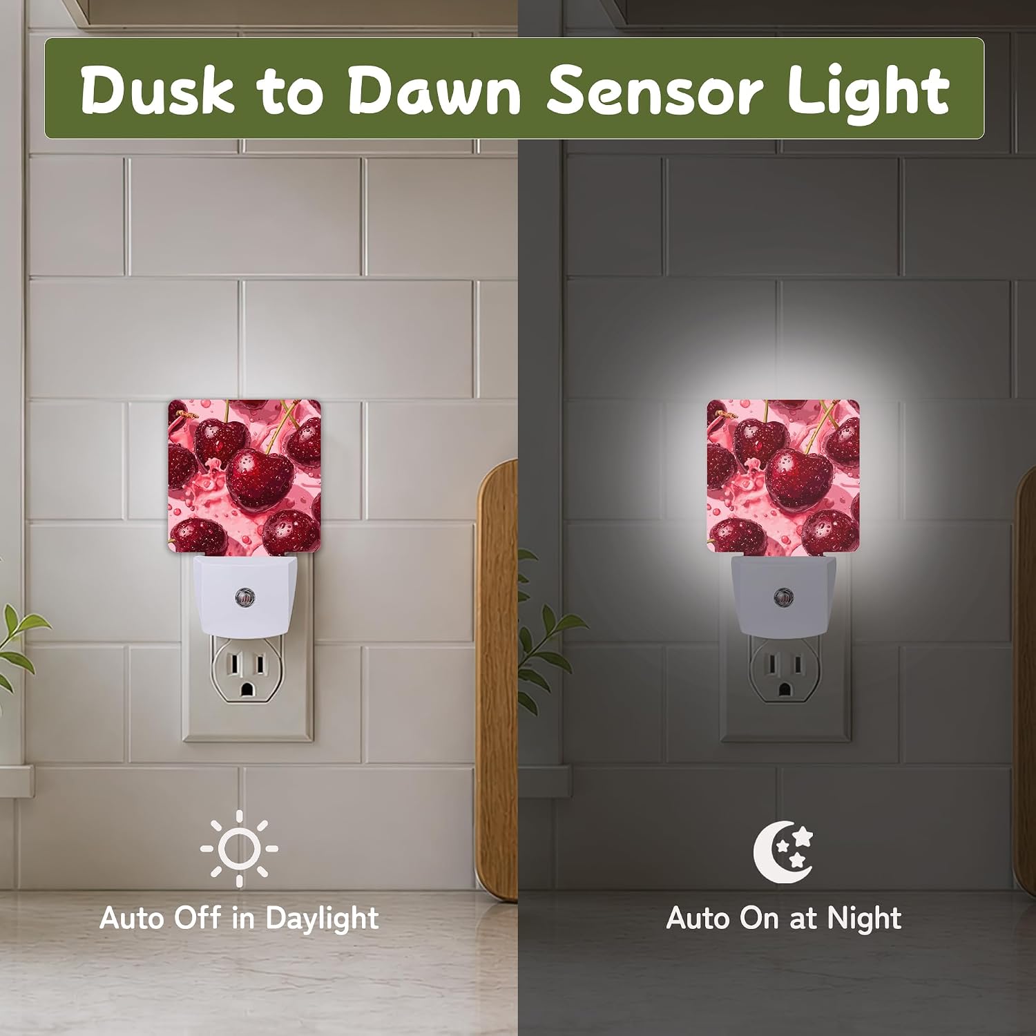 Night Light, Red Cherry Night Lights Plug into Wall for Bedroom Bathroom Hallway Kitchen, Dusk to Dawn Sensor Decorative Gift for Women…