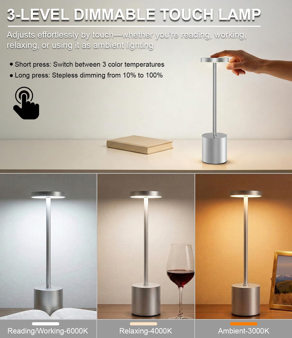 Silver Cordless Table Lamp Rechargeable - 2 Pack 5000mAH Battery Operated Lamp for Counter, 3 Color Stepless Dimming Waterproof LED…