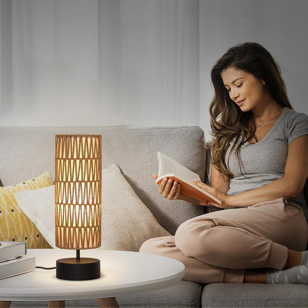 Rattan Table Lamp, Touch Control Bedside Table Lamp with Black Base, 3 Way Dimmable Nightstand Lamp with Dual-layer Shade, Boho Night…