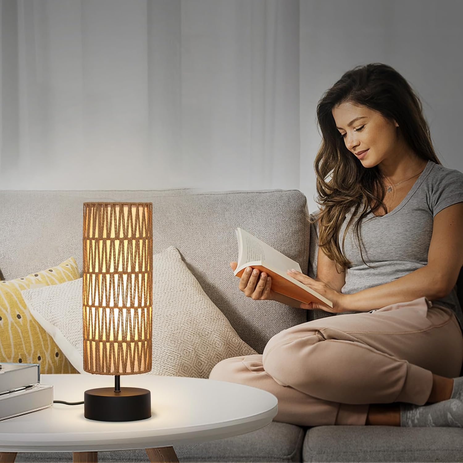 Rattan Table Lamp, Touch Control Bedside Table Lamp with Black Base, 3 Way Dimmable Nightstand Lamp with Dual-layer Shade, Boho Night…