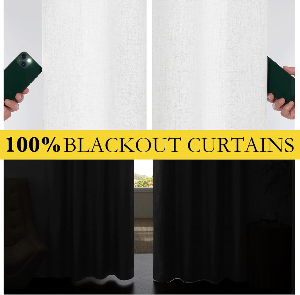 NICETOWN 100% Absolutely Blackout Linen Curtains with Thermal Insulated Liner, Greyish White, 42" Wide, 45" Length Energy Saving Curtains…