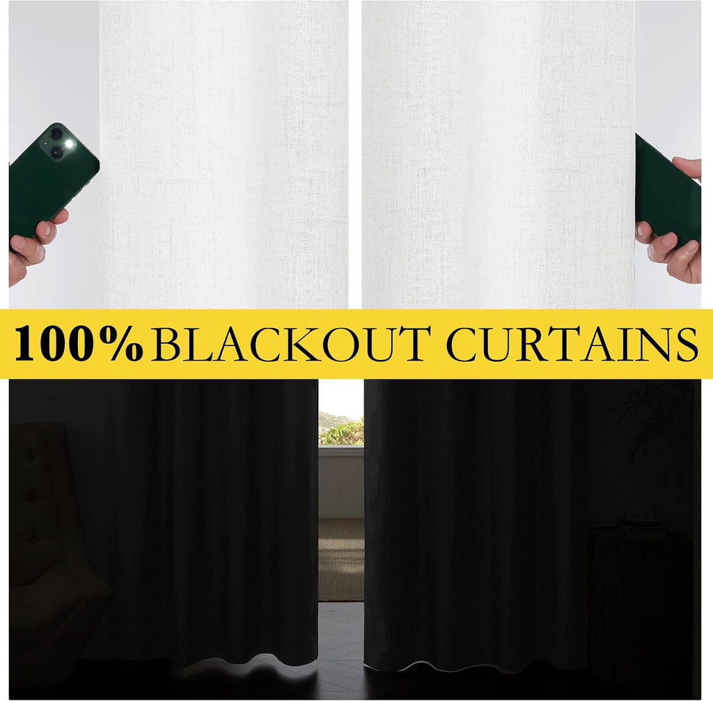 NICETOWN 100% Absolutely Blackout Linen Curtains with Thermal Insulated Liner, Greyish White, 52" Wide, 95" Length Energy Saving Curtains…