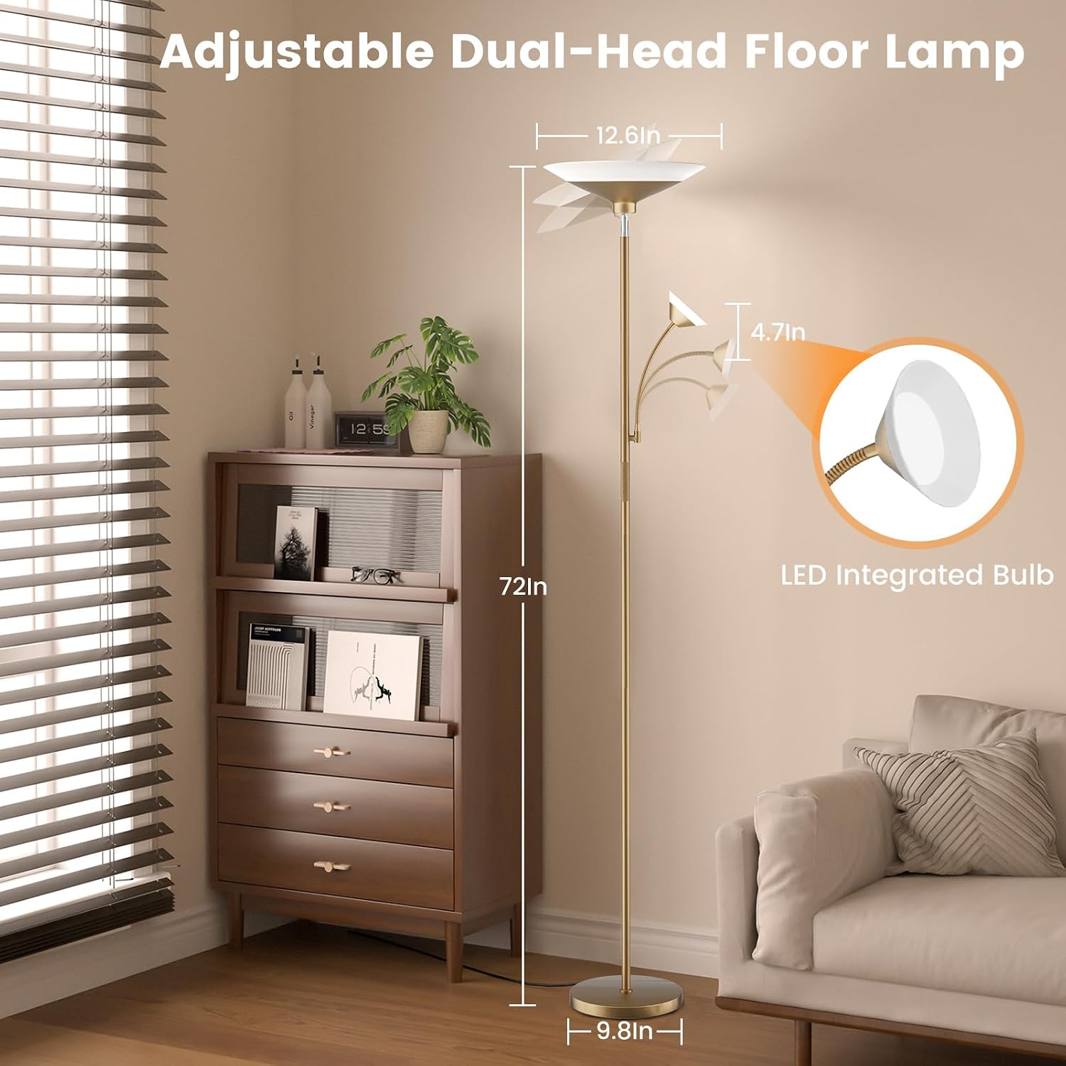 SIBRILLE Gold Torchiere Floor Lamp - 2 Way LED Standing Lamp with Reading Light, Dimmable 72'' Tall Lamp with Remote Color Changing, 34W…