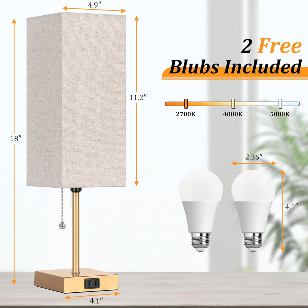 Table Lamp for Bedroom set of 2,3-Color Bedside Lamps with Pull Chain Table Lamps for Nightstand with AC Outlets,18'' Night Light Lamps…