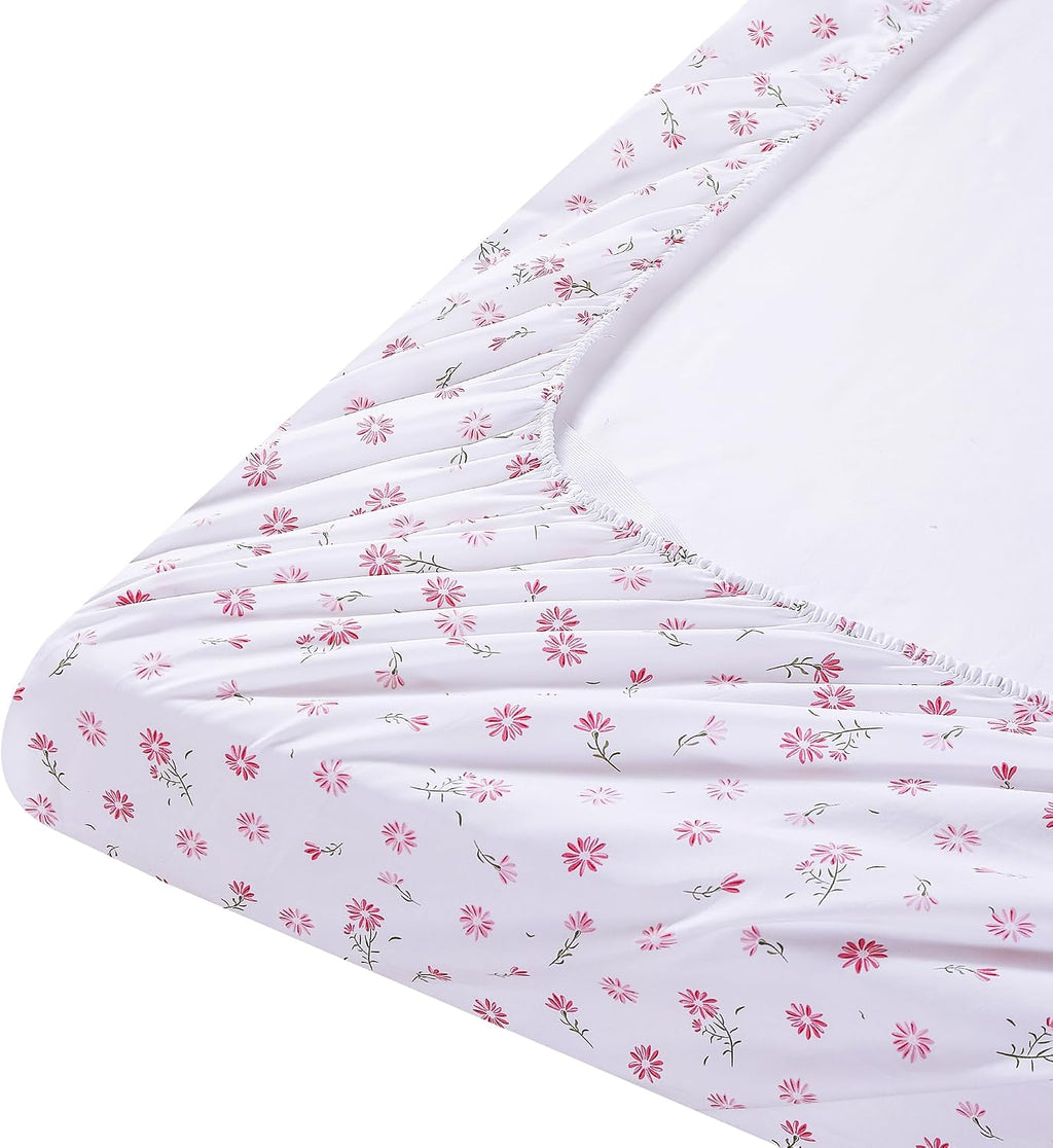 mooreeke Cozy Vintage Microfiber Printed Floral Queen Sheet Set - Soft & Breathable Pink Daisy Bed Sheets with Extra Deep Pocket - Non-Slip…