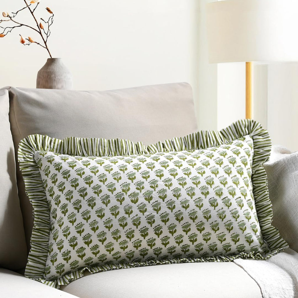 Cottonprintclub CPC Hand Block Print Emerald Green Ruffle Sham Pillow Cover 20" x 12" inch Hidden Zipper Decorative Pillowcase for Couch, B…