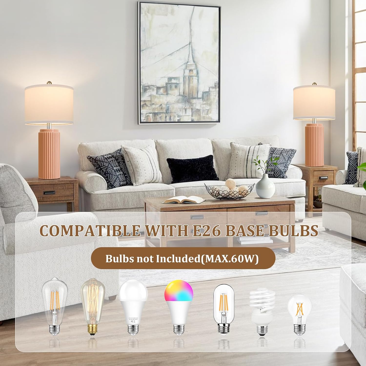 Tobusa 23.5’’ Orange Table Lamps for Bedroom Set of 2, Modern Ceramic Nightstand Lamps for Living Room, Retro Lamps with White Shade Set fo…