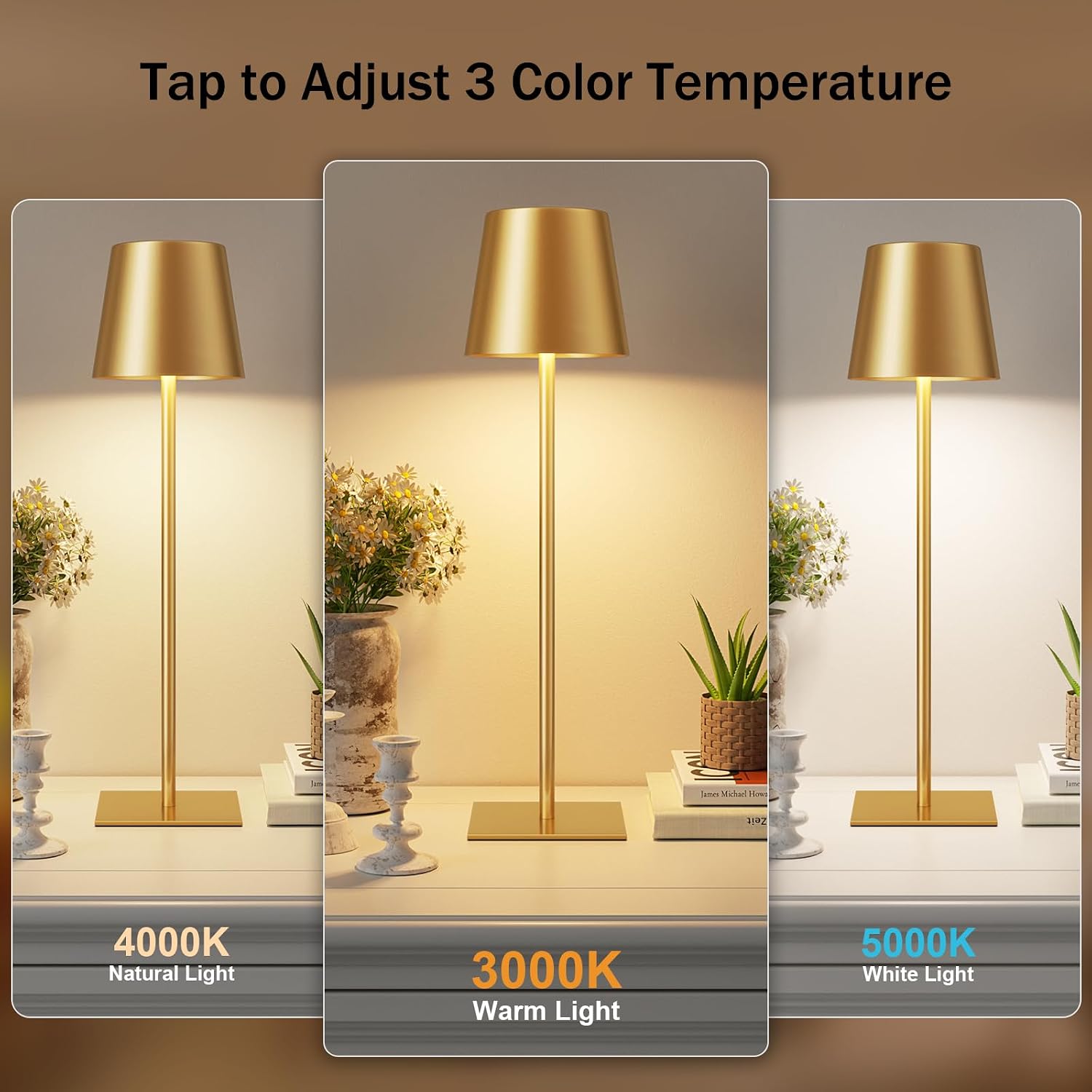 Kakanuo Gold Cordless Rechargeable Table Lamp, 4 Pack Portable Desk Lamp with 5000mAh Battery, Touch Control Stepless Dimming, Wireless…