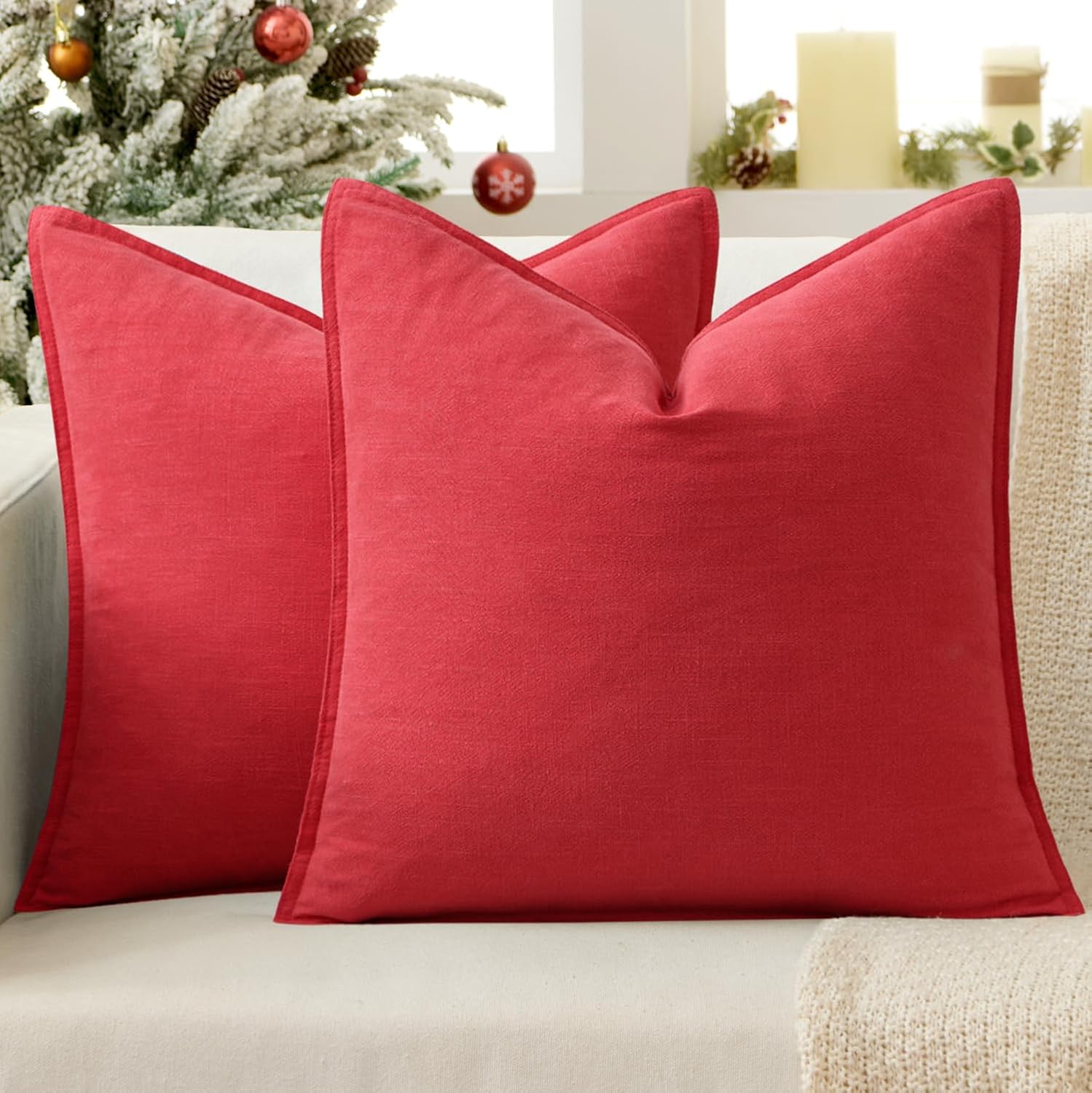 EMEMA Christmas Throw Pillow Covers Decorative Linen Pillow Covers 24x24 Inch Red Boho Farmhouse Neutral Couch Throw Pillows for Bed Pack…