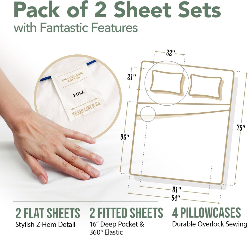TEXAS LINEN CO. 2-Pack 100% Organic Cotton Full Size Sheet Sets - 2 Sets of Full Size Percale Weave Organic Cotton Sheets, Soft…