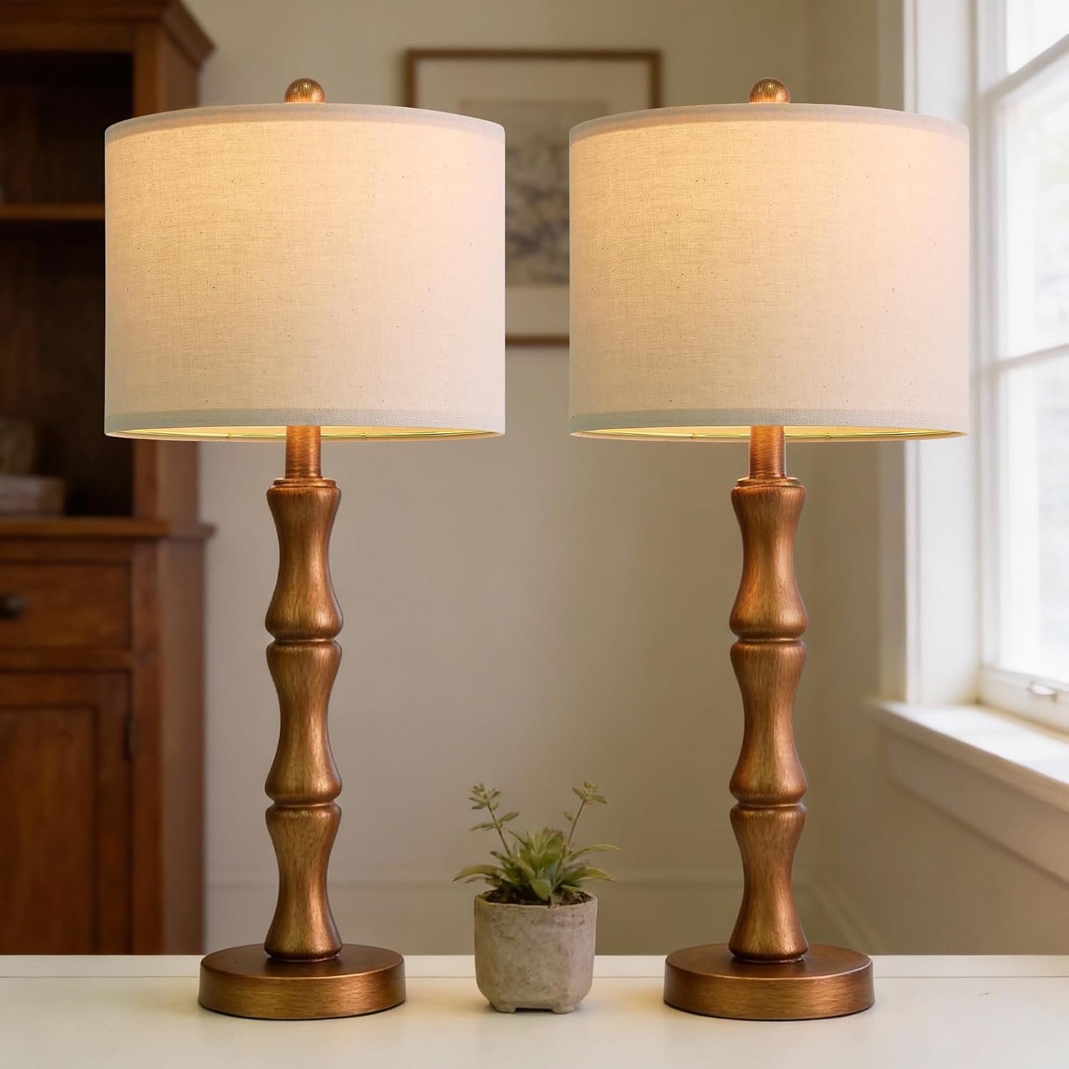BOBOMOMO 25" Vintage Nightstand Lamps Set of 2, Farmhouse Table Lamps with Antique Gold Resin Base & Linen Shade, Standard Table Lamps…