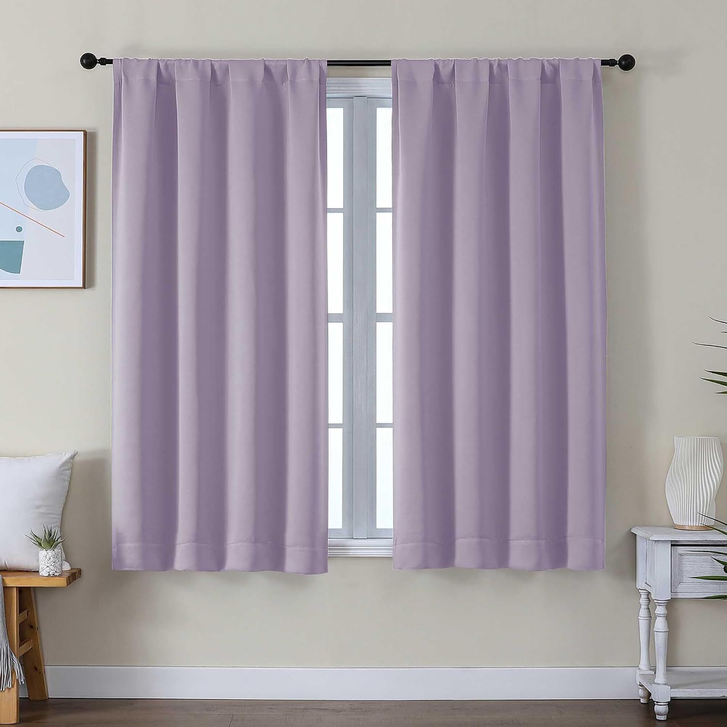 Simplebrand Ava Lilac Short Blackout Curtains for Bedroom 54 Inches Long 2 Panels Set, Solid Thermal Insulated, Energy Saving Window Treatm…