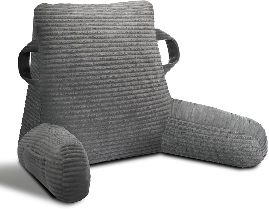 Reading Pillow for Sitting in Bed Adult, Bed Reading Pillow with Shredded Memory Foam, Back Pillow for Sitting with Arms and Pockets, Gery