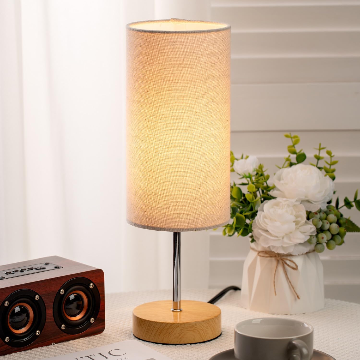 Small Bedside Table Lamp for Bedroom Nightstand, Round Linen Shade and Wood Base, Rustic Minimalist Night Lamps for Dresser, Living Room…