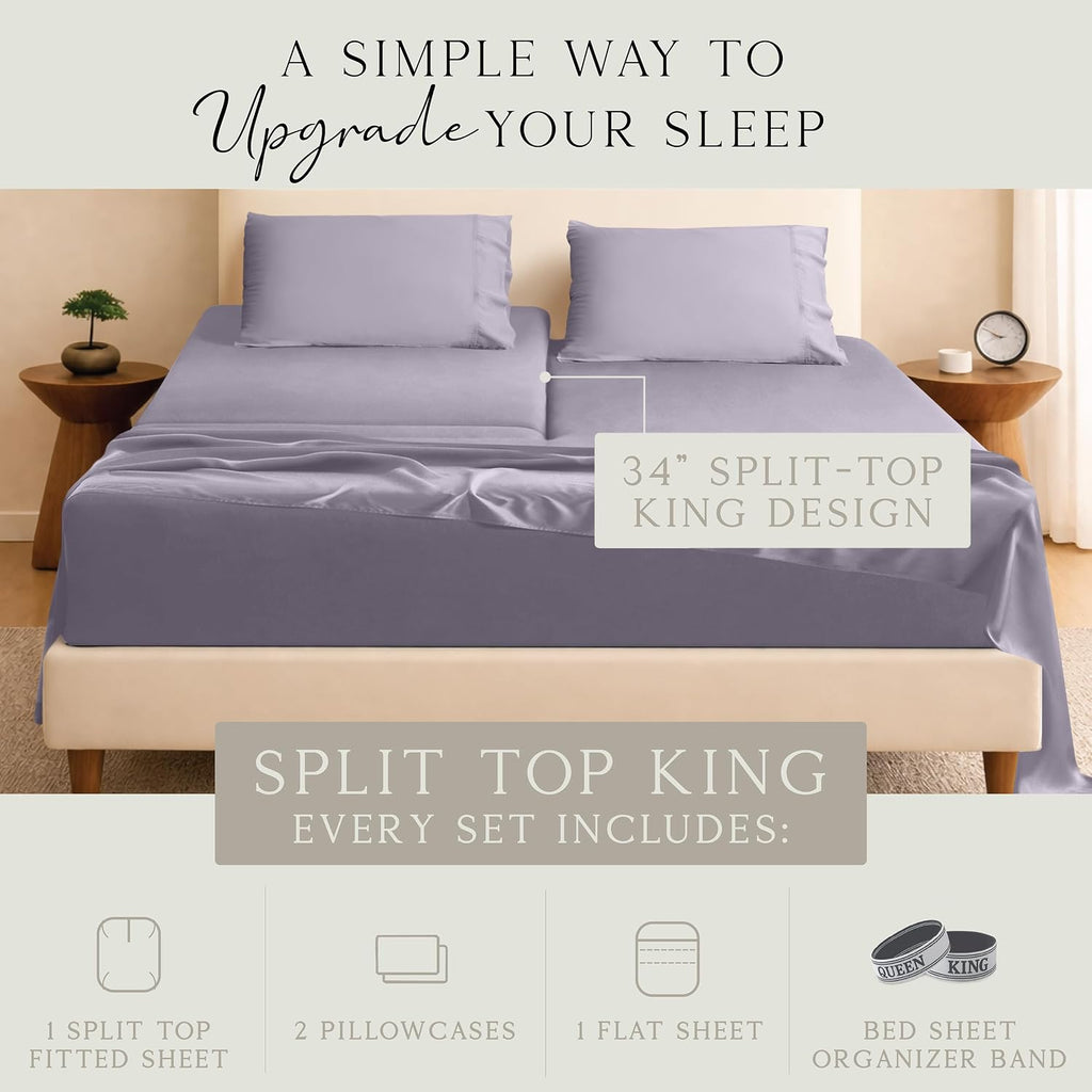KARISSA MAE Pure Viscose from Bamboo 34" Split Top King Size Sheet Set | 100% FSC Certified | Luxuriously Soft | Cooling | 18" Deep…