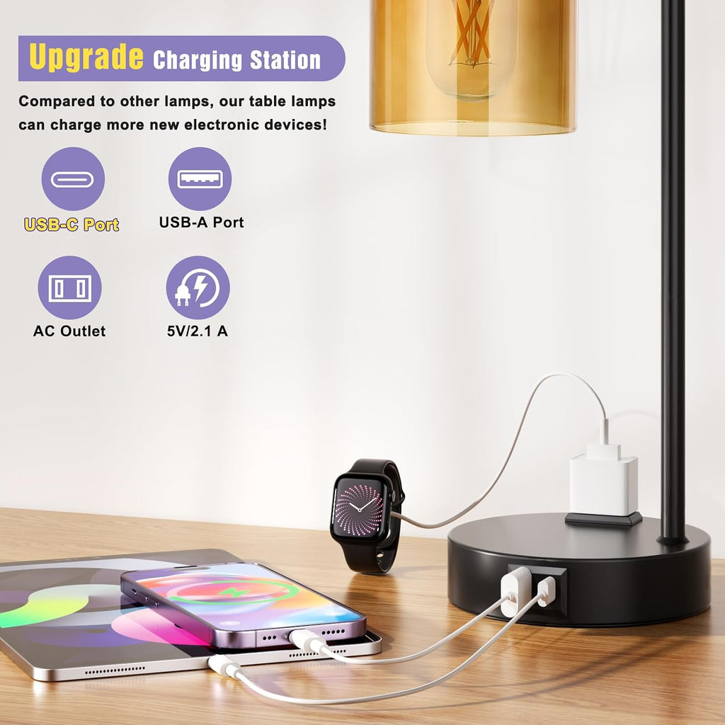 Industrial Touch Nightstand Lamps for Bedrooms Set of 2 - 3-Way Dimmable Table Lamps with USB C+A Ports and Outlet, Bedside Lamps with…