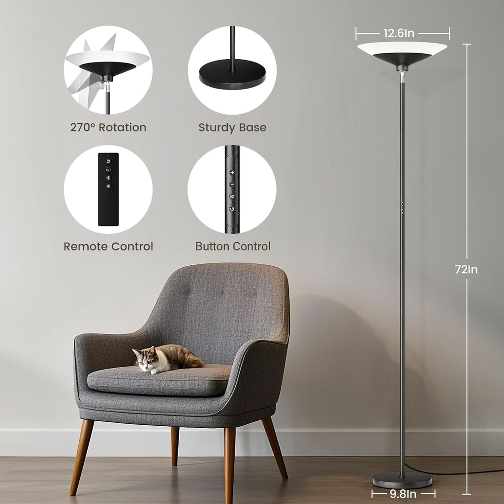 SIBRILLE Torchiere Floor Lamp - 72" Tall LED Standing Lamp with Remote/Button Control, 1800Lm, 3000-6500K, 30W Dimmable Modern Corner…