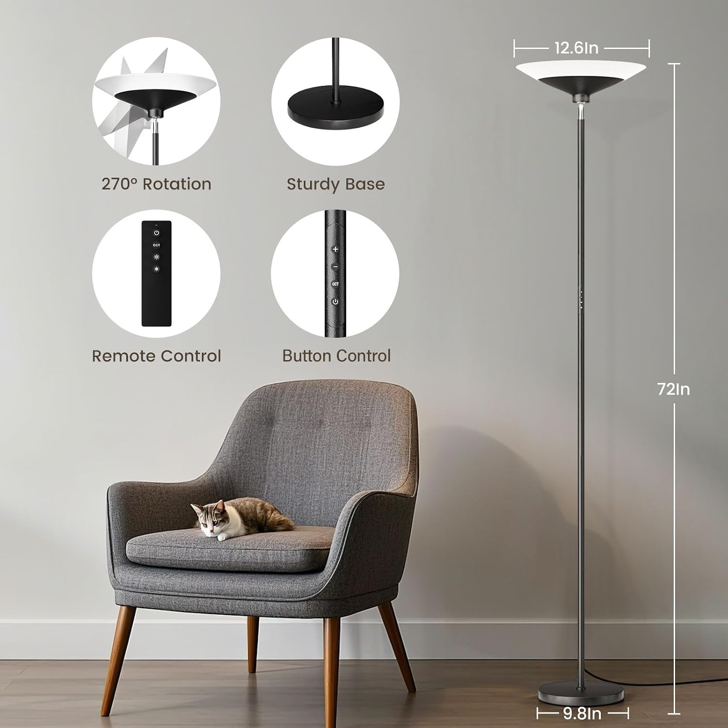 SIBRILLE Torchiere Floor Lamp - 72" Tall LED Standing Lamp with Remote/Button Control, 1800Lm, 3000-6500K, 30W Dimmable Modern Corner…