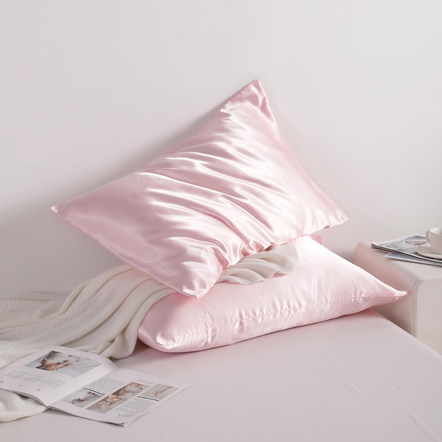 Ntbay 12 Pack Satin Queen Pillowcases for Hair and Skin, Luxurious and Silky Pillow Cases with Envelope Closure, 20 x 30 Inches, Light Pink…