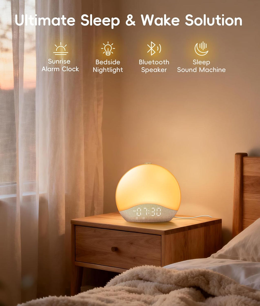 ecozy Sunrise Alarm Clock for Bedroom, White Noise Sound Machine, 26 Soothing Sounds, 17 Night Lights, Bluetooth Speaker, Music-Sync…
