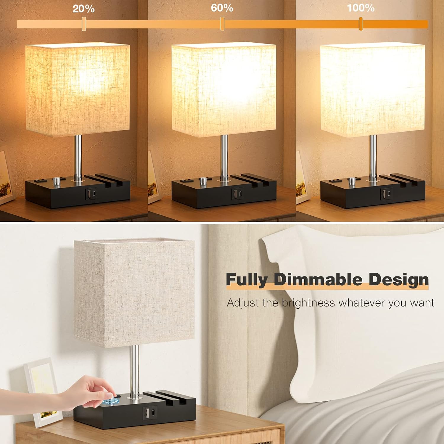 Bedside Lamps for Bedroom Set of 2, Kakanuo Fully Dimmable Small Beige Nightstand Lamps with USB C Ports and 2 Charging Outlets, Wooden…