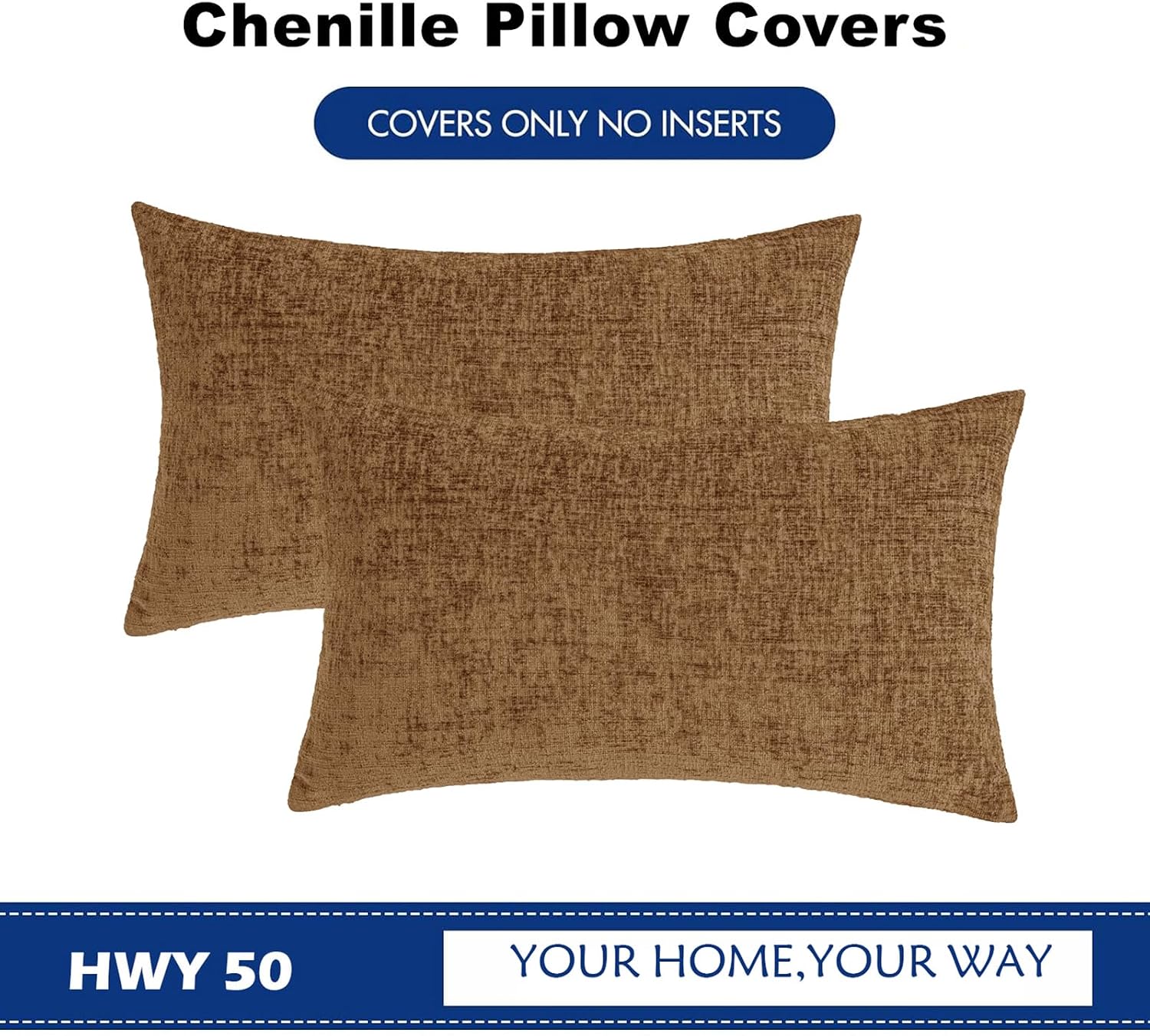 Hwy50 HWY 50 Brown Lumbar Pillow Covers 12x20 Inch Pack of 2, Soft Chenille Decorative Throw Pillow Covers Farmhouse for Couch Sofa Living…