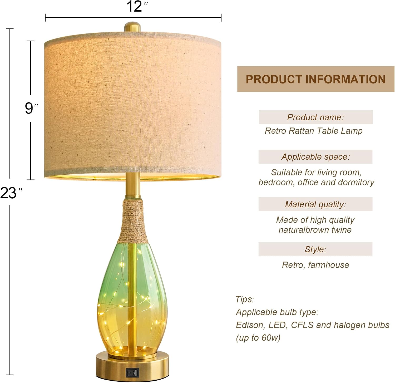 OYEARS 23" Table Lamps Set of 2, Farmhouse Lamps with Glass Nightlight, Bedside Lamps for Living Room, Rattan Lamps for Bedroom…