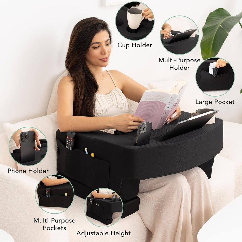 TabCouchCaddy Reading Pillow for Gaming – Extra Large Lap Desk & Arm Rest with Cup & Phone Holder, Adjustable Heights, Laptop Support…