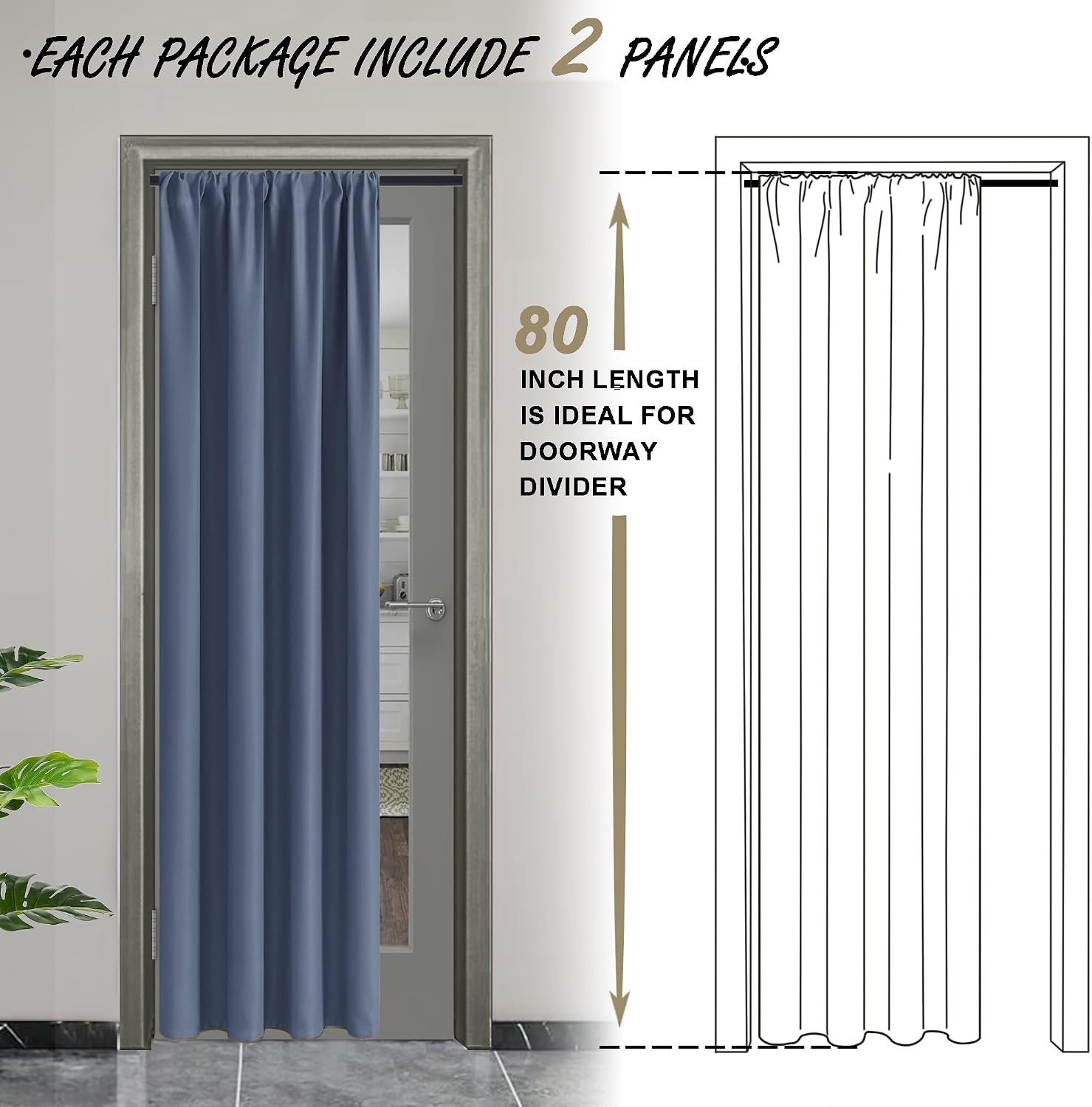 Jiuzhen Blackout Doorway Curtains 80 inch Length - 2 Panels Thermal Insulated Privacy Soundproof Rod Pocket Closet Door Curtains Room Divid…