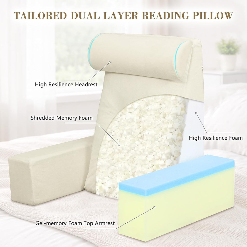 Reading Pillow for Sitting in Bed Adult, 19" Memory Foam Back Support Pillow for Bed Sitting up Beige