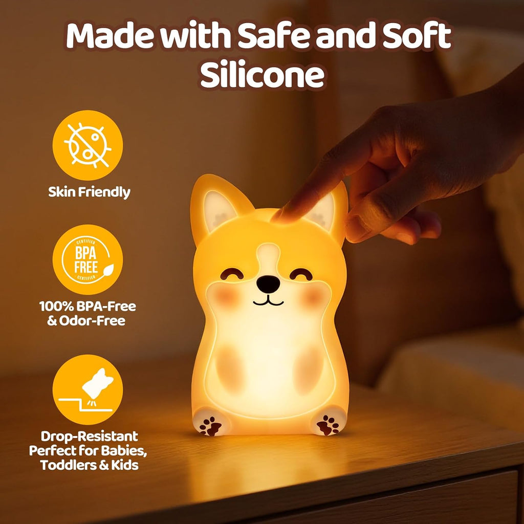 Mewaii BPA-Free Silicone丨 Huggwaii Corgi Dog Night Light for Kids, 3 Brightness Levels Nursery Dog Lamp, 30 Min Timer&Rechargeable Cute…