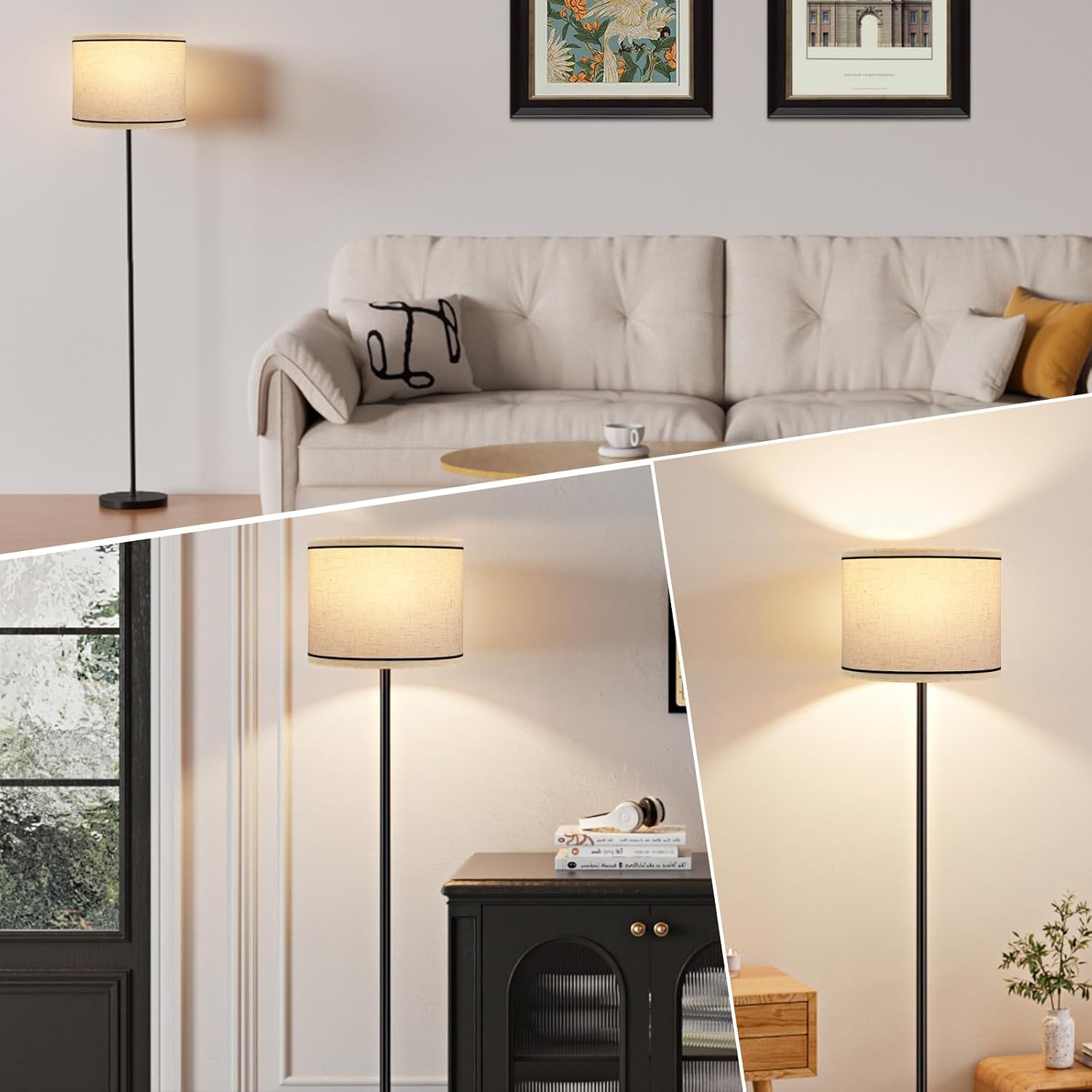 Ambimall 60'' Modern Floor Lamp with Shade, Tall Lamps for Living Room, Bedroom, Office, Dining Room, Beige Lampshade with Black Stripes(Wi…