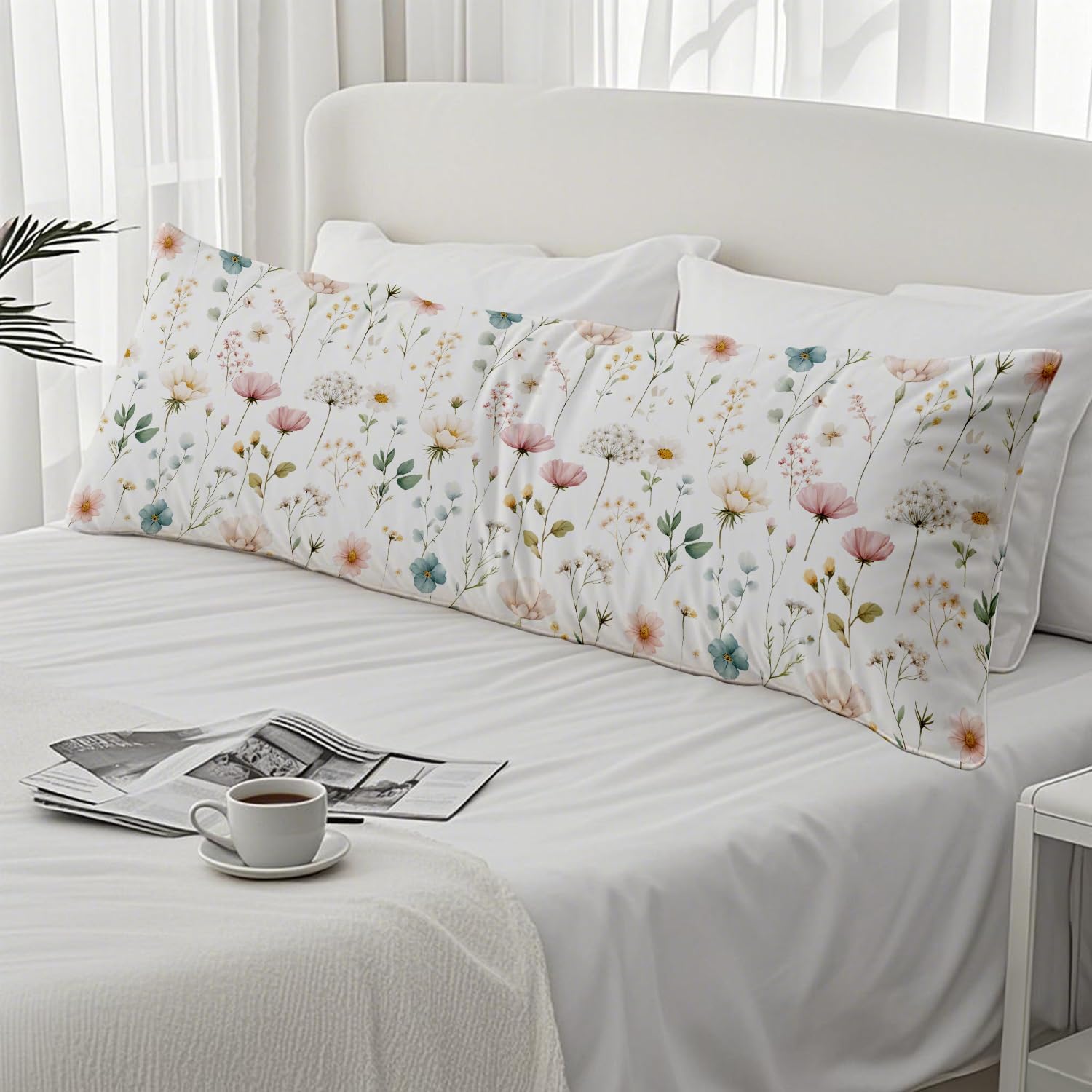 Boho Floral 20x54 Body Pillow Cover, Cottagecore Home Room Decor, Rustic Farmhouse Botanical Wildflower Decorative Long Body Pillow Cases…