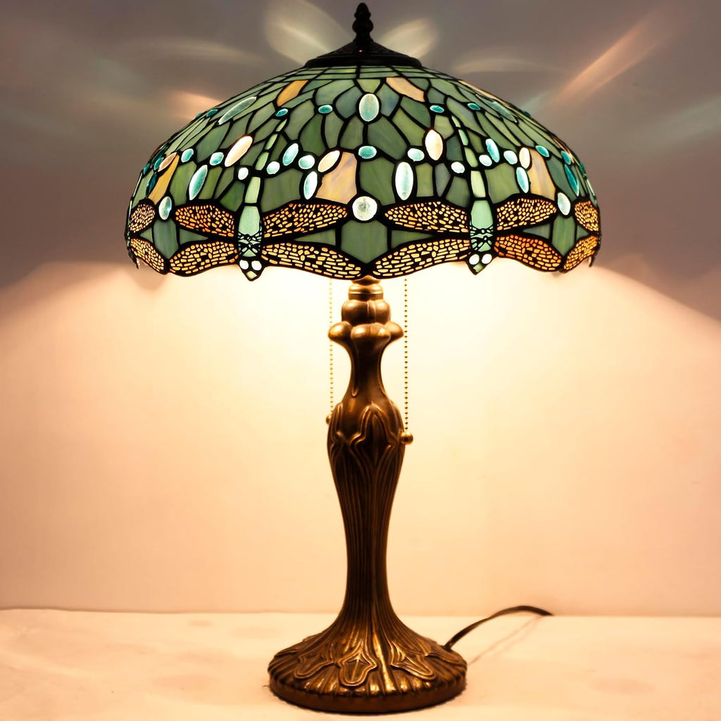 WERFACTORY Tiffany Lamp Sea Blue Stained Glass Bedside Table Lamp Dragonfly Style Desk Reading Light Metal Base 16X16X24 Inches Decor…
