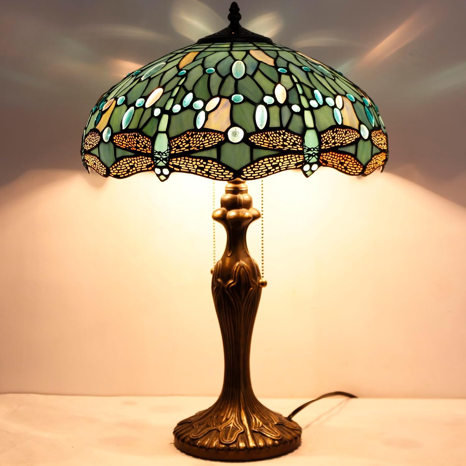 WERFACTORY Tiffany Lamp Sea Blue Stained Glass Bedside Table Lamp Dragonfly Style Desk Reading Light Metal Base 16X16X24 Inches Decor…