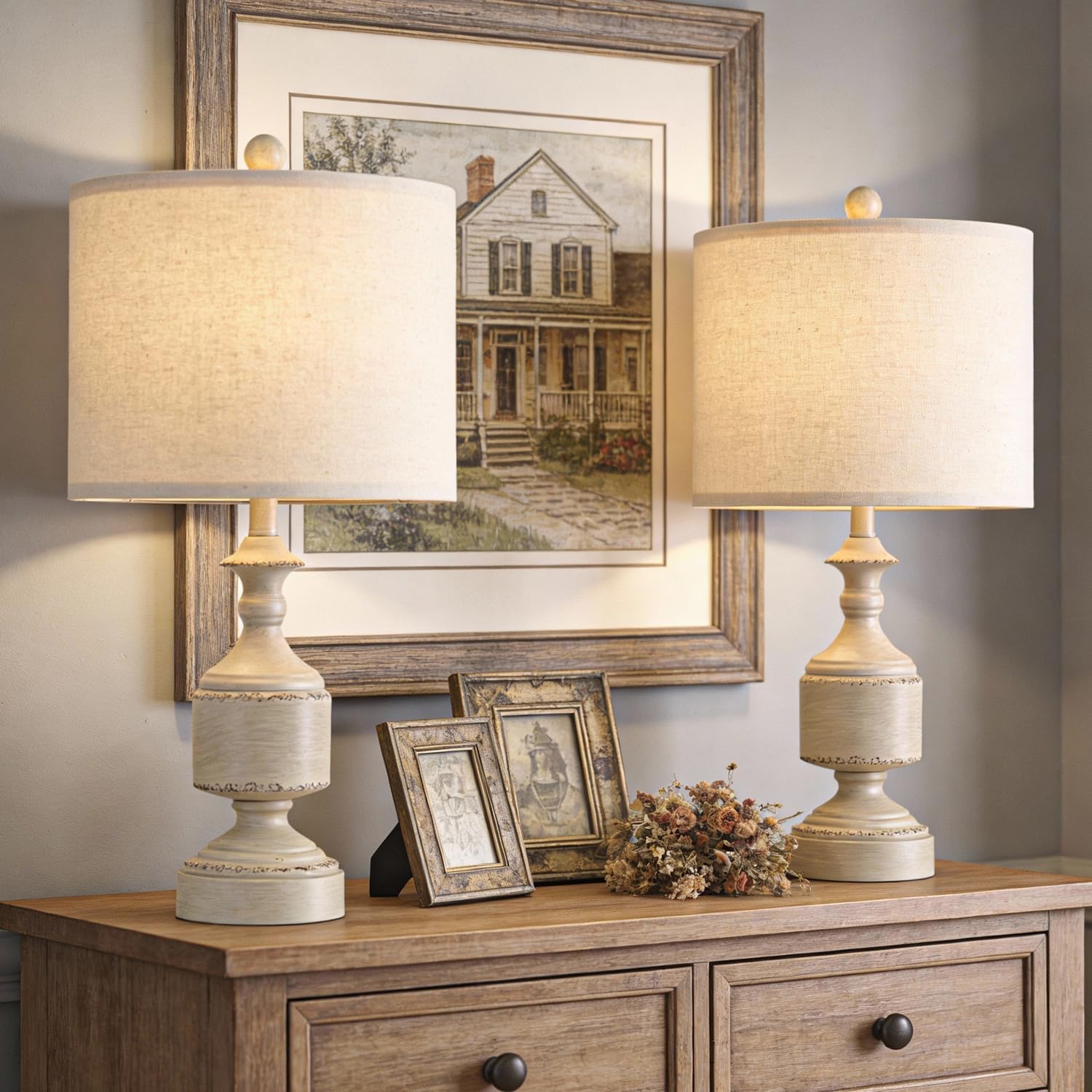 Bobomomo White Lamps Set of 2-20.5" Antique White Bedside Lamps for Nightstand, Vintage Farmhouse Lamps for Entryway & Guest Room, Ideal fo…