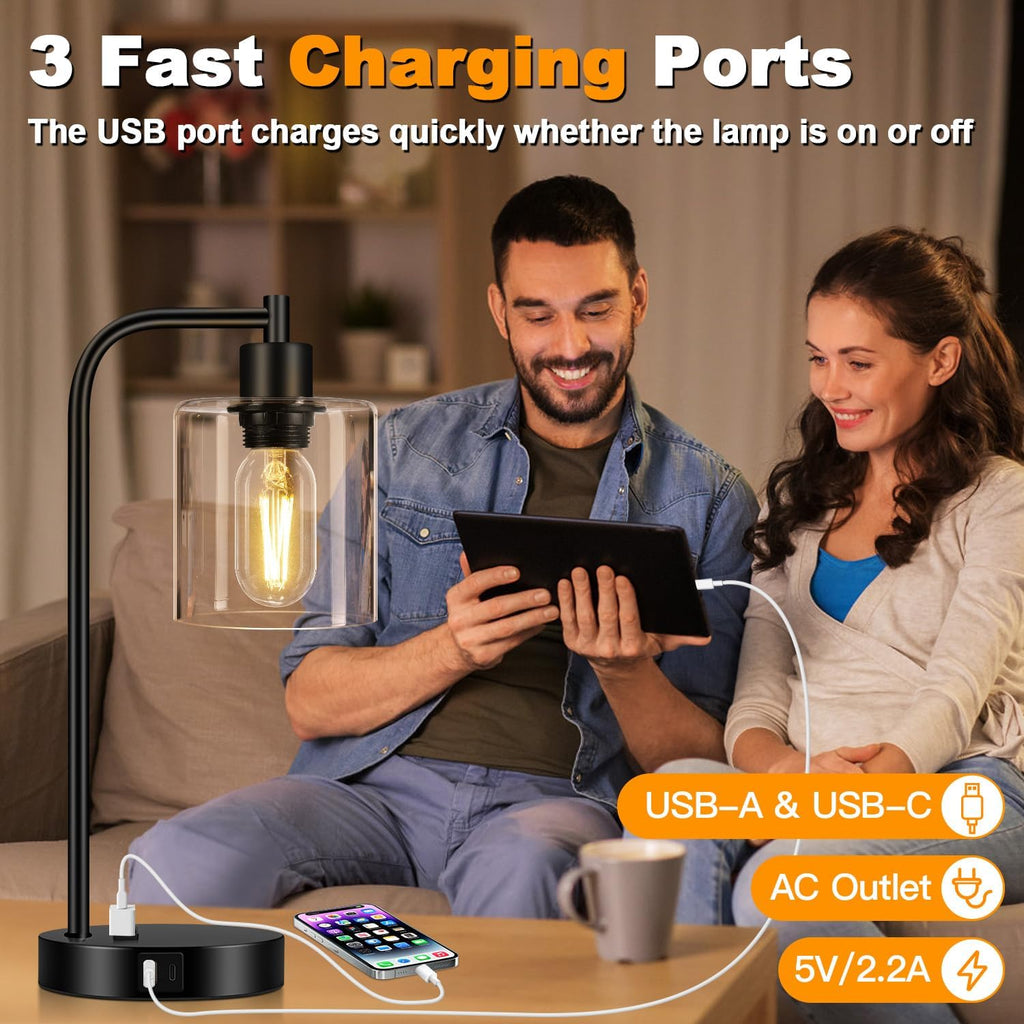 Set of 2 Industrial Touch Control Table Lamps with USB C+A Ports and AC Outlet - 3-Way Dimmable Black Bedside Lamps Nightstand Desk Lamps…