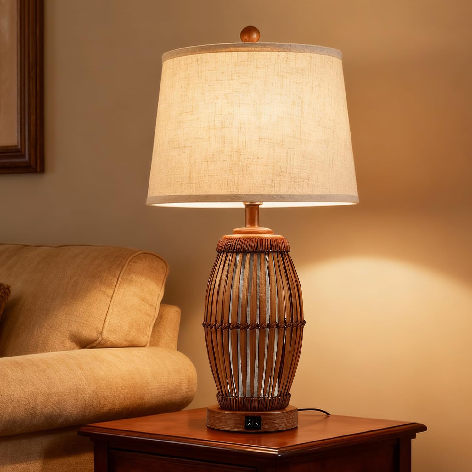 27” Vintage Bamboo Woven Table Lamps Set of 2, Farmhouse Rattan Bedside Lamps for Bedroom Livingroom Office Study with Nightlight and USB…