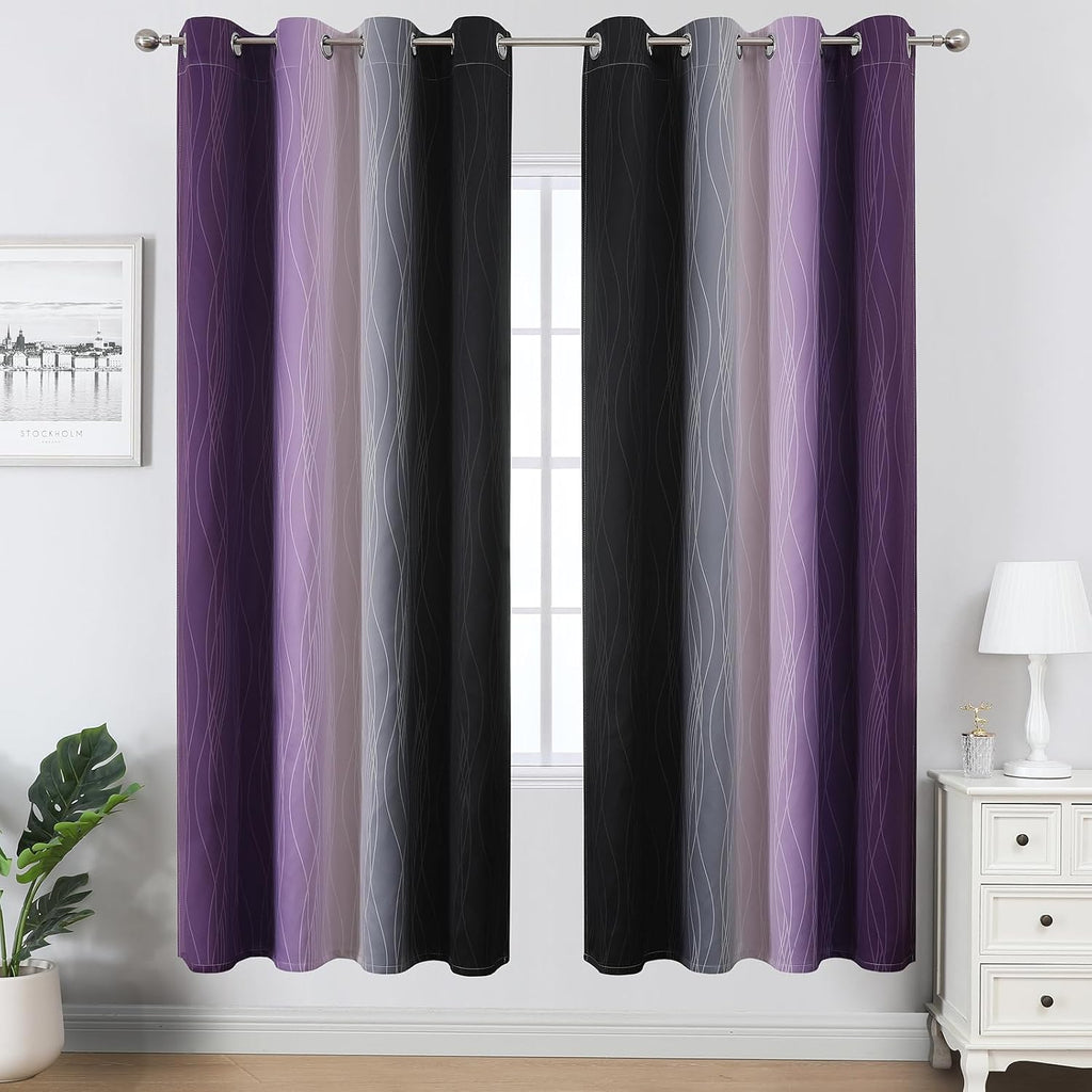 Estelartextiler Estelar Textiler Purple and Black Blackout Curtains for Living Room, Full Room Darkening Grommet Ombre Curtains for Bedroom…