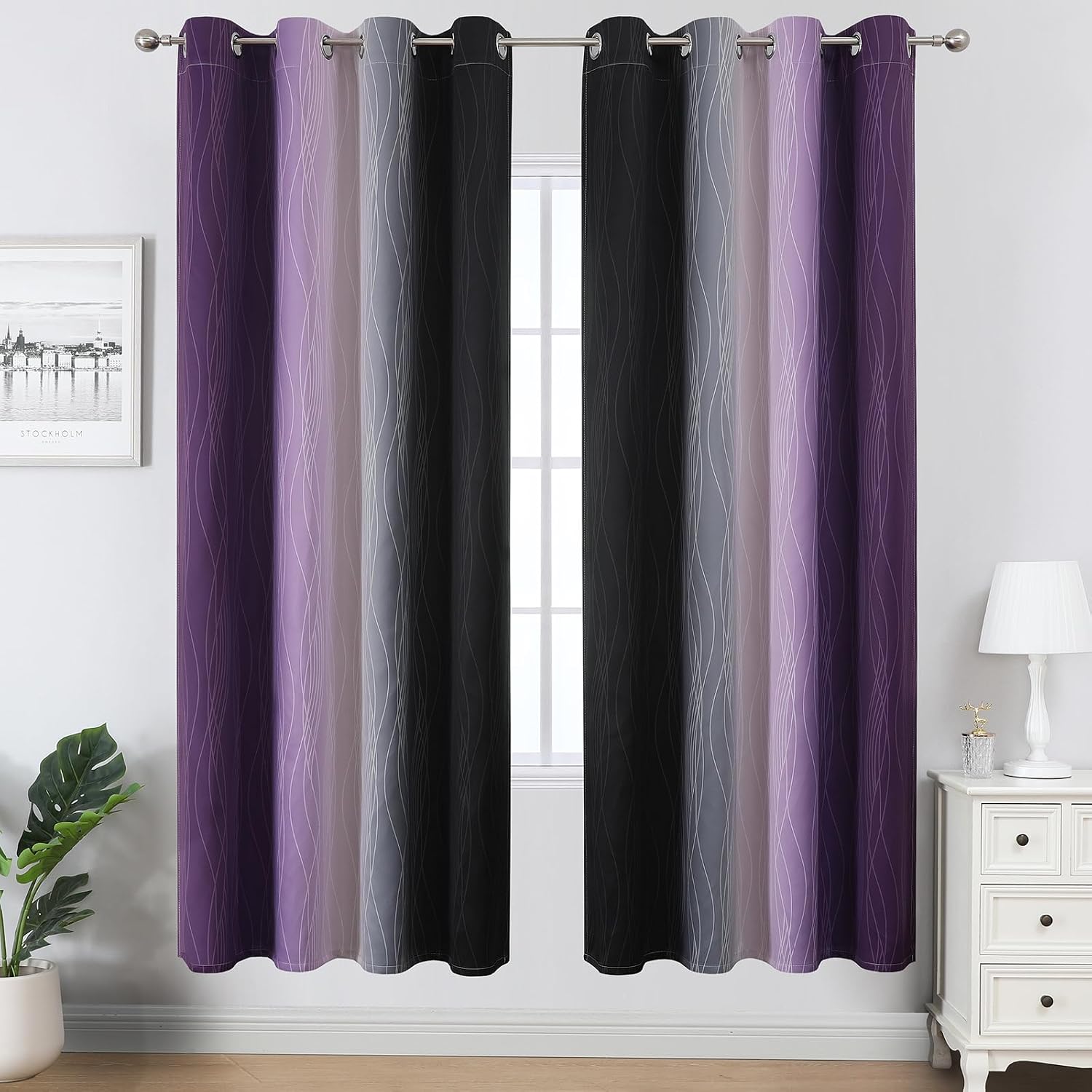 Estelartextiler Estelar Textiler Purple and Black Blackout Curtains for Living Room, Full Room Darkening Grommet Ombre Curtains for Bedroom…
