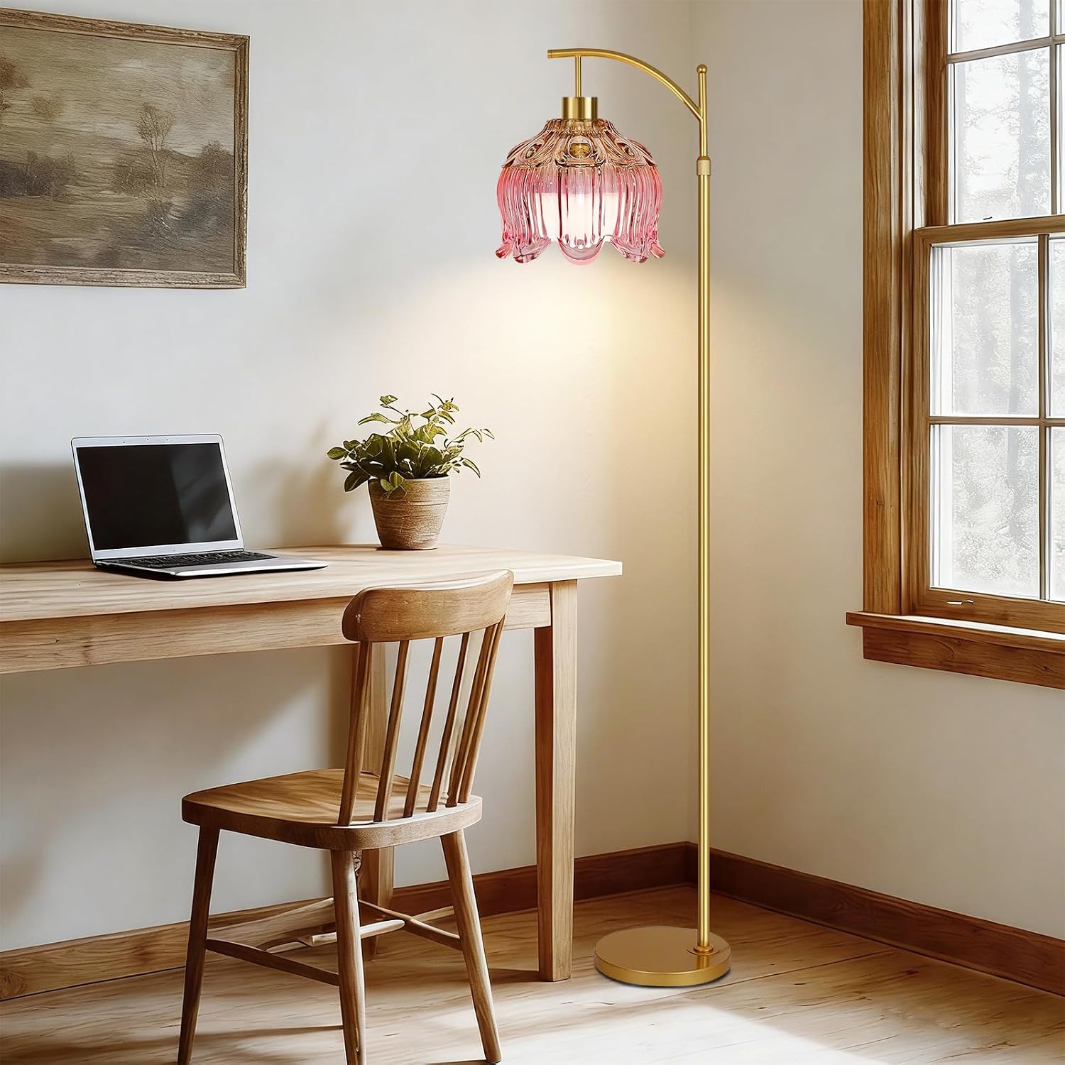 QIYIZM Pink Floor Lamp for Living Room, Bedroom, Glass Gold Dimmable Standing Lamp with Remote, Mid Century Modern Brass Tall Lamp Boho…