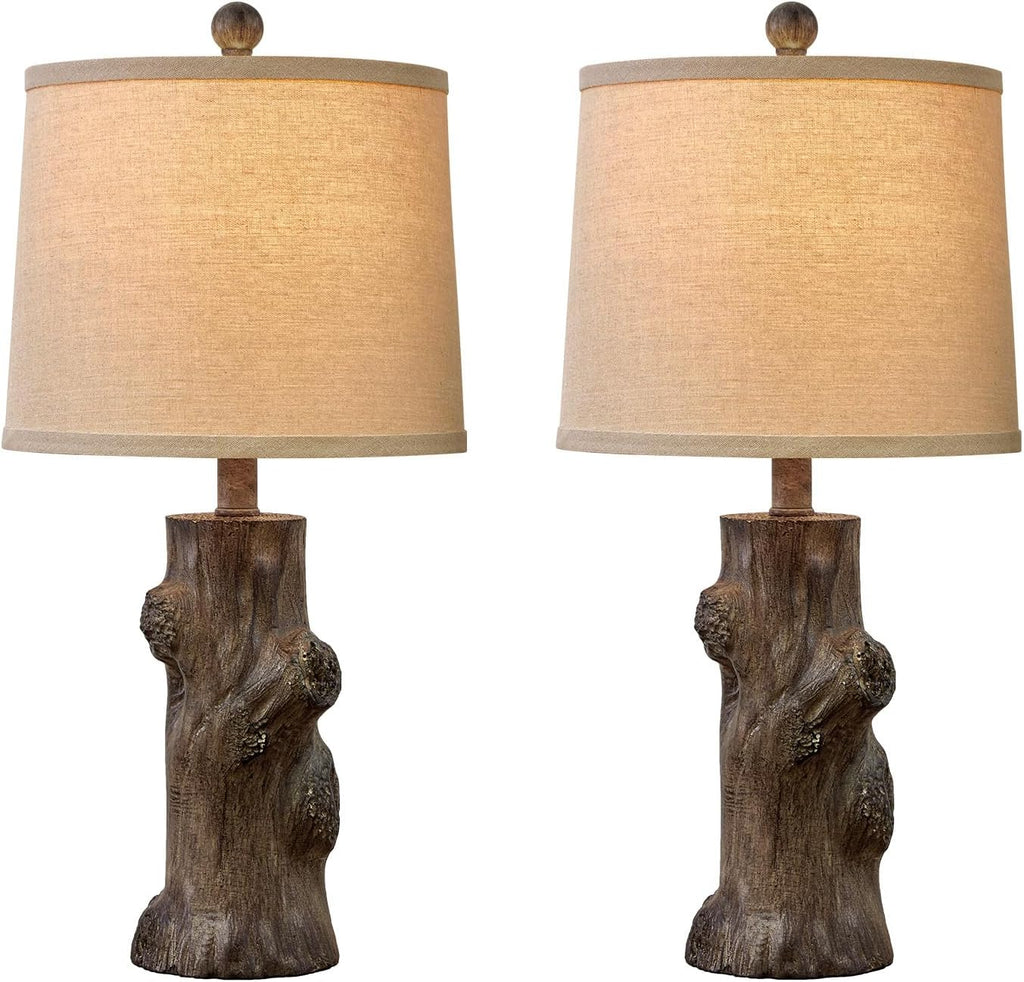OYEARS 23"Resin Table Lamps for Living Room Set of 2 Country Cottage Farmhouse Lamp for Bedroom Tree Trunk Wood Grain with Oatmeal Fabric…