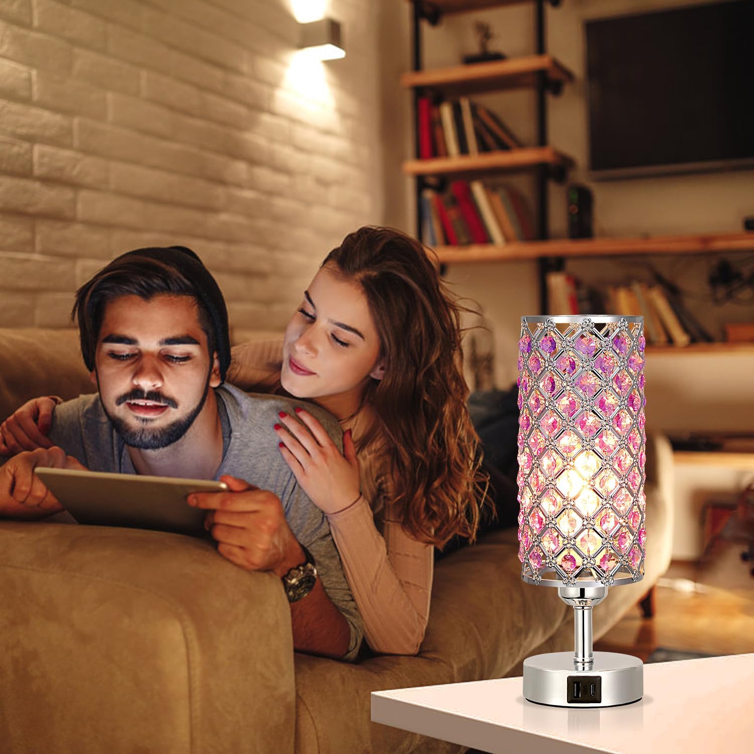 Hong-in Purple Lamp for Girls Room-Crystal Touch Lamp with USB-C+A Ports,3 Way Dimmable Bedside Light with Crystal Shade for Bedroom Home…
