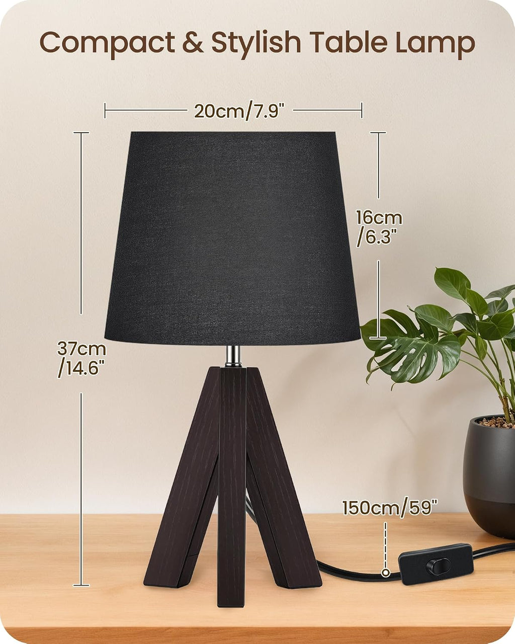 Tripod Table Lamp, 14.6" Small Bedside Lamp, Modern Nightstand Lamp with Black Shade & Dark Walnut Base, Black Table Lamp for Bedroom…