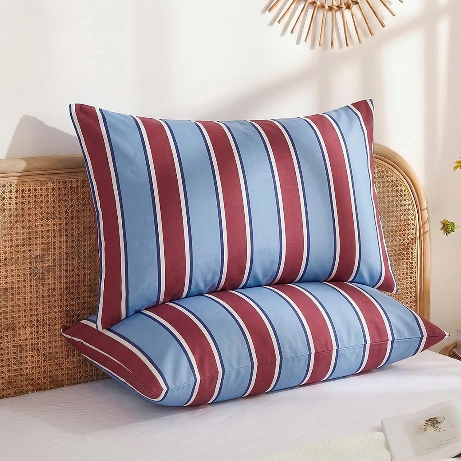 Merryword Burgundy and Blue Striped Pillowcases, 100% Cotton Pillow Cases, Standard Size Pillowcases, Luxury Linen Like Pillowcase, Soft Br…
