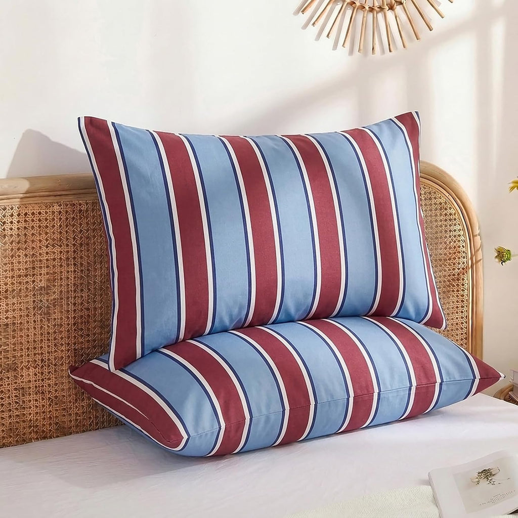 Merryword Burgundy and Blue Striped Pillowcases, 100% Cotton Pillow Cases, Queen Size Pillowcases, Luxury Linen Like Pillowcase, Soft Breat…