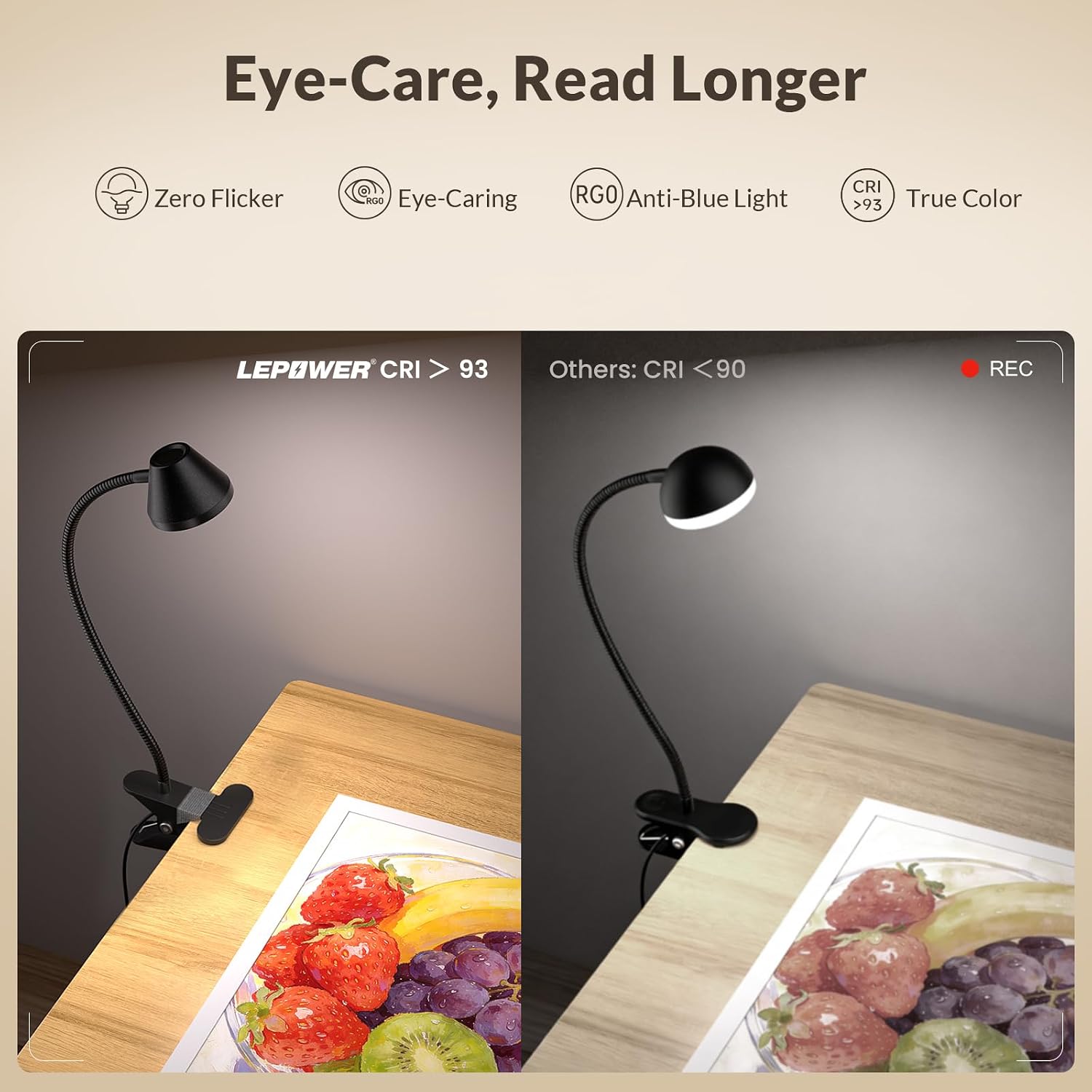 Lepower Clip on Light, 7W Reading Lights for Books in Bed with 5 Colors & Stepless Dimming, RG0 Eye-comfort, Amber Glow Light & Auto…